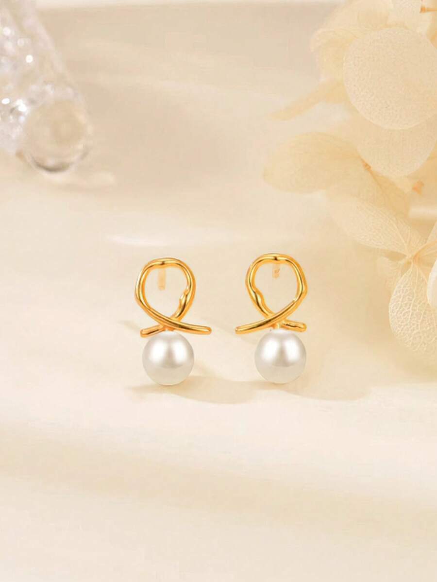 1 Par de Brincos Elegantes e Chiques de Pérola Laço em Prata 925, Design Simples e Versátil, Uso Diário para Estudantes, Presente de Aniversário