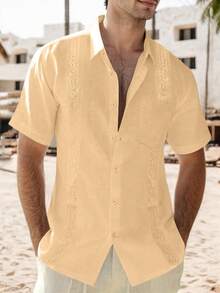 hoteel Mens Cotton Linen Guayabera Shirts Casual Button Up Short Sleeve Summer Beach Shirt - 米色 - 查看 3
