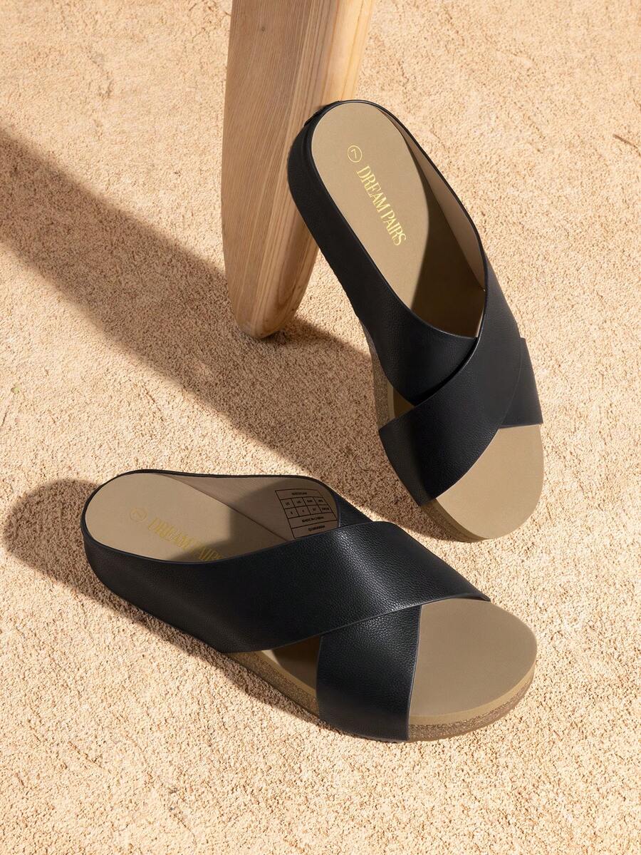 Giày Sandal Nữ Slip On Hở Mũi Dễ Thương Nền Tảng Criss Cross Dép Đế Bằng Thoải Mái Kỳ Nghỉ Cho Giày Mùa Hè - màu đen - Xem 1