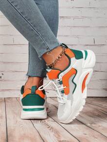 Women's Springtime & Summer Colorblock (White, Orange, Green) Dopamine Design Sneakers, Versatile To Pair With Dresses, Pants, Comfortable & Breathable Low-Top Lace-Up Casual Walking Shoes, Suitable For Parties, Holidays, Couples - White Tangerine - View 2