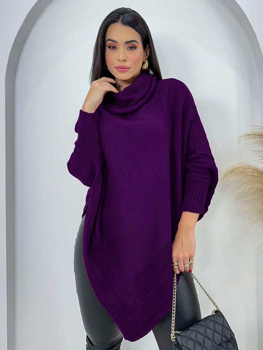 Swisz Women's Winter Poncho Knit Long Sleeve V-Neck Sweater With Scarf - Purple - View 1