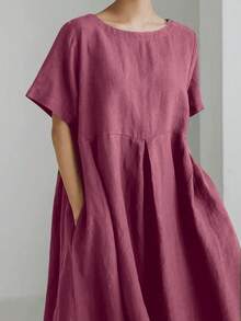 女士优雅简约宽松舒适亚麻连衣裙，短袖，带口袋，圆领，纯色，长款亚麻连衣裙，春夏休闲款 - Blush Crush - 查看 3