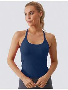 Workout Tops Women With Built In Bra, Sleeveless Gym Tops Seamless Racerback Athletic Yoga Shirts, Activewear - 海軍 - View 9