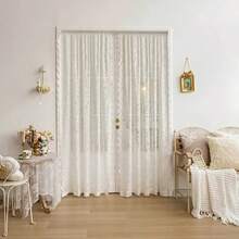 Französische Retro-Atmosphäre Spitze Gaze ohne Bohren Stange Installation Schlafzimmer Wohnzimmer Fensterfront Raumteiler Vorhang, Landschaft Gaze Vorhang, zwei Packungen - Weiss - Übersicht 4
