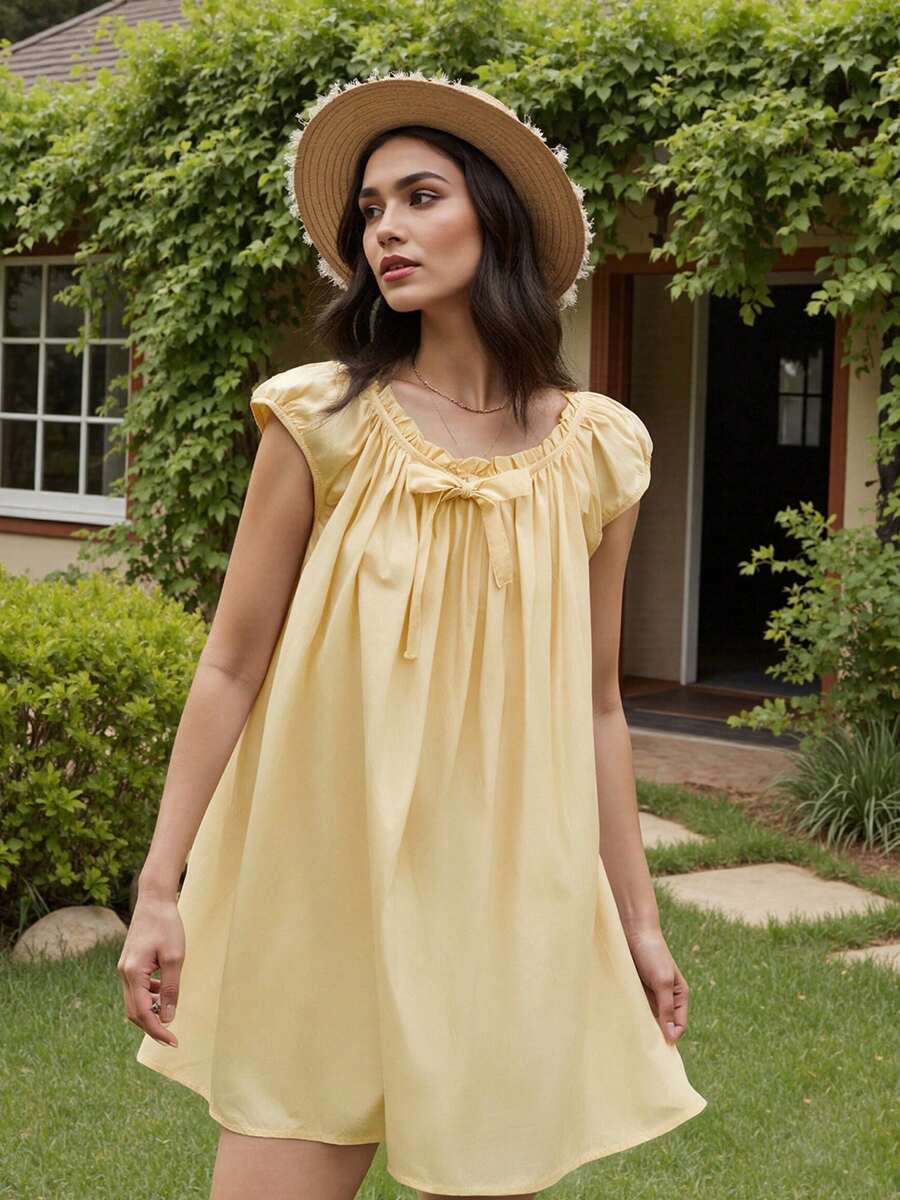 Ruffle Neck Bowknot Doll A Hem Dress - Yellow - View 1