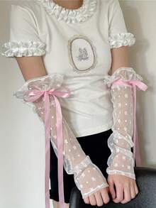 1pc Bowknot Ribbon Lace Sleeve Cuffs, Black & White Sleeve Cuffs Paired With Various Colored Bowknot Ribbons, Floral Embroidered Breathable Mesh Sleeve Cuffs - Multicolor - View 3