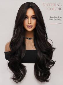 简约黑棕色长卷发假发 26 英寸蓬松透气轻盈中分刘海合成纤维假发女士日常派对假发音乐节时尚浪漫情人节假发都市时尚假发 - Black-brown - 查看 5