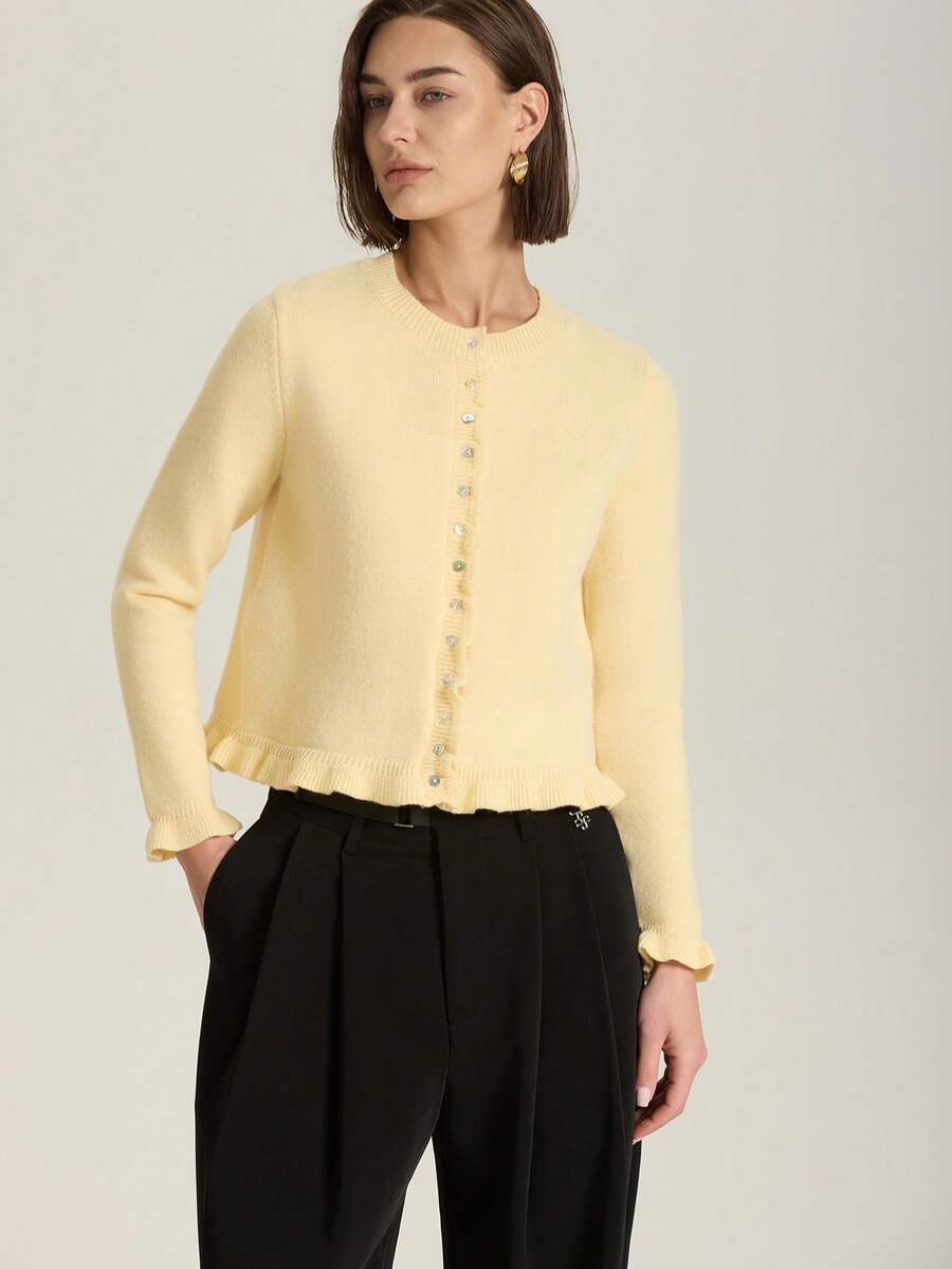 奶油黄色多层装饰圆领长袖针织开衫 - 黃色 - 查看 1