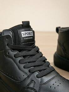 Women's Outdoor High Top Sneakers, Casual Simple Comfortable Lace-Up Skateboard Shoes, Fashion Versatile Breathable Black Thick Sole Daily Wear - Black - View 4