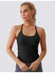 Workout Tops Women With Built In Bra, Sleeveless Gym Tops Seamless Racerback Athletic Yoga Shirts, Activewear - 黑色 - 查看 9