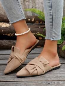 2025 Autumn Khaki Half-Covered Mule Shoes, Pointed Toe Women Backless Loafers With Bowknot Decoration, Elegant & Versatile Slip-On Flat Shoes For All Seasons - Khaki - View 2