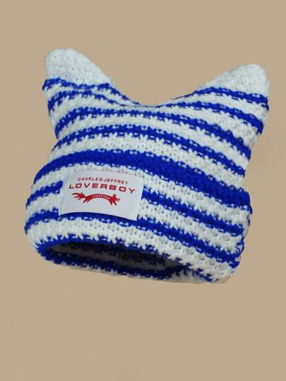 1pc Men's Personalized Cat Ear Stitched Label Y2K Knit Hat, Suitable For Autumn/Winter Warmth And Daily Outfit Beanie Fall Outfit