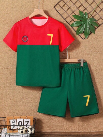 2pcs Boys' Outdoor Sports Soccer Uniform, GOAT No.7 Print, Colorblock Round Neck Short Sleeve Top And Shorts Set, Spring/Summer