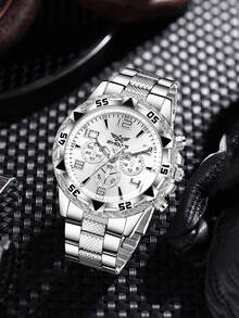 4件套银合金表带男士手表套装，商务时尚经典三眼石英表，配手链和项链，适合日常穿着或节日礼物 - 銀色 - 查看 2