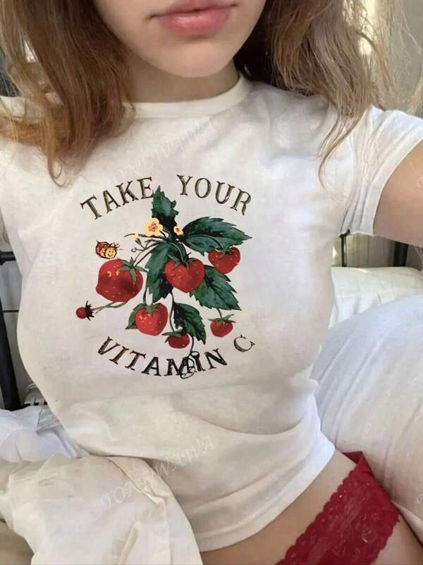 Women's Summer Y2K Hot Girl Style Strawberry Fruit Letter Pattern Printing Casual Simple Daily Slim Round Neck Short Sleeve Short T-Shirt Tops Cute Tops