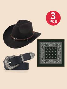 3 Stück/Set Westlicher Cowgirl Anzug für Kinder, Cowboyhut, Bandana, Gürtel für Halloween, Ostern, Cowgirl Kostüm Accessoires