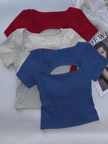 3pcs Women Casual Square Neck Short Sleeve Cropped Top With Bra Sexy Street - Multicolor - View 2