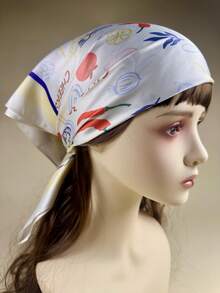 1 件女士派对食品辣椒虾欢呼印花方形围巾优雅围巾头巾女士缎面头巾发饰