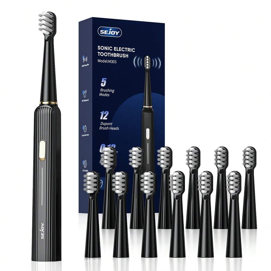 SEJOY Electric Toothbrush Rechargeable With 12 Brush Heads 5 Modes Timer - Black - View 1