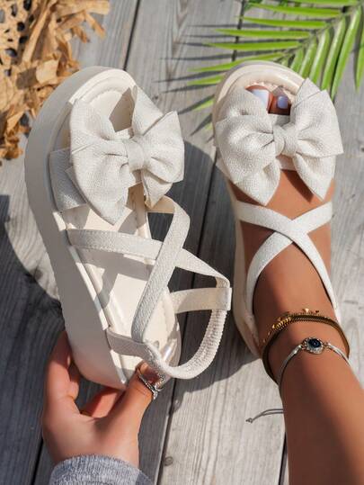 Women's Thick Sole Wedge Sandals With Bow Decor, White, Comfortable Ankle Strap, Casual For Beach, Vacation