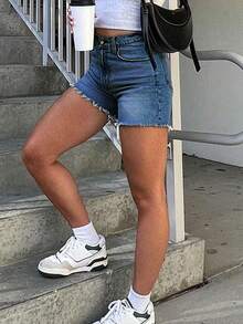 Women Loose Straight-Leg Bermuda Denim Shorts - Dark Wash - View 4