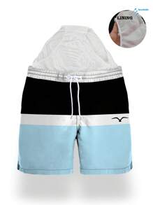 Shorts de verano para hombre con cintura con cordón, bolsillos laterales, de secado rápido, forro de malla, con estampado de patrón, diseño gráfico 3D a contraste de gaviota, casuales y de moda para la playa y vacaciones