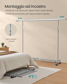 Stand Appendiabiti con Ruote, Attaccapanni Estensibile per Carichi Pesanti, Portata Totale 150 kg, 45 x (160-200) x 161,5 cm, Facile da Montare e Spostare, Argento - Argento - Visualizzare 4