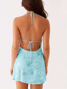 Women Floral Print Halter Neck Backless Mini Dress Summer Elegant Y2K Sequin A-Line Waist Slim Sundress - 藍色 - 查看 6