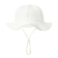 Baby Boy Girl Cotton Sun Hat Summer Bucket Hat Infant Wide Brim Fisherman Hat With Chin Strap - trắng - Xem 1