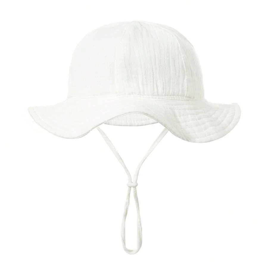 Baby Boy Girl Cotton Sun Hat Summer Bucket Hat Infant Wide Brim Fisherman Hat With Chin Strap - trắng - Xem 1