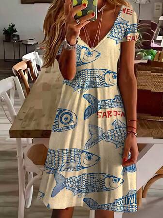 Women's Spring/Summer Break Outfits Fashion Casual Comfortable Fish Print Pattern Boho Holiday Outfit Women's Oversized Spring And Autumn Casual Simple Holiday Style Fish Element Random Printed Dress Boho Holiday Outfits Women Oversized Fashionable And Casual Spring And Summer Contrasting English Letter Pattern Multi-Ugly Fish Digital Printed Long-Sleeved Contrasting Contrast Color English Letters Latin Fish Printed Summer Dresses For Women