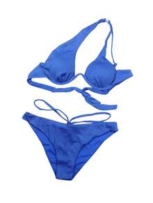 Miss Miriam, Traje de Baño de Dos Piezas,  Liso  Elegante    Cruzado  Nudo      Playa  Primavera - Verano - Azul Marino - Ver 1