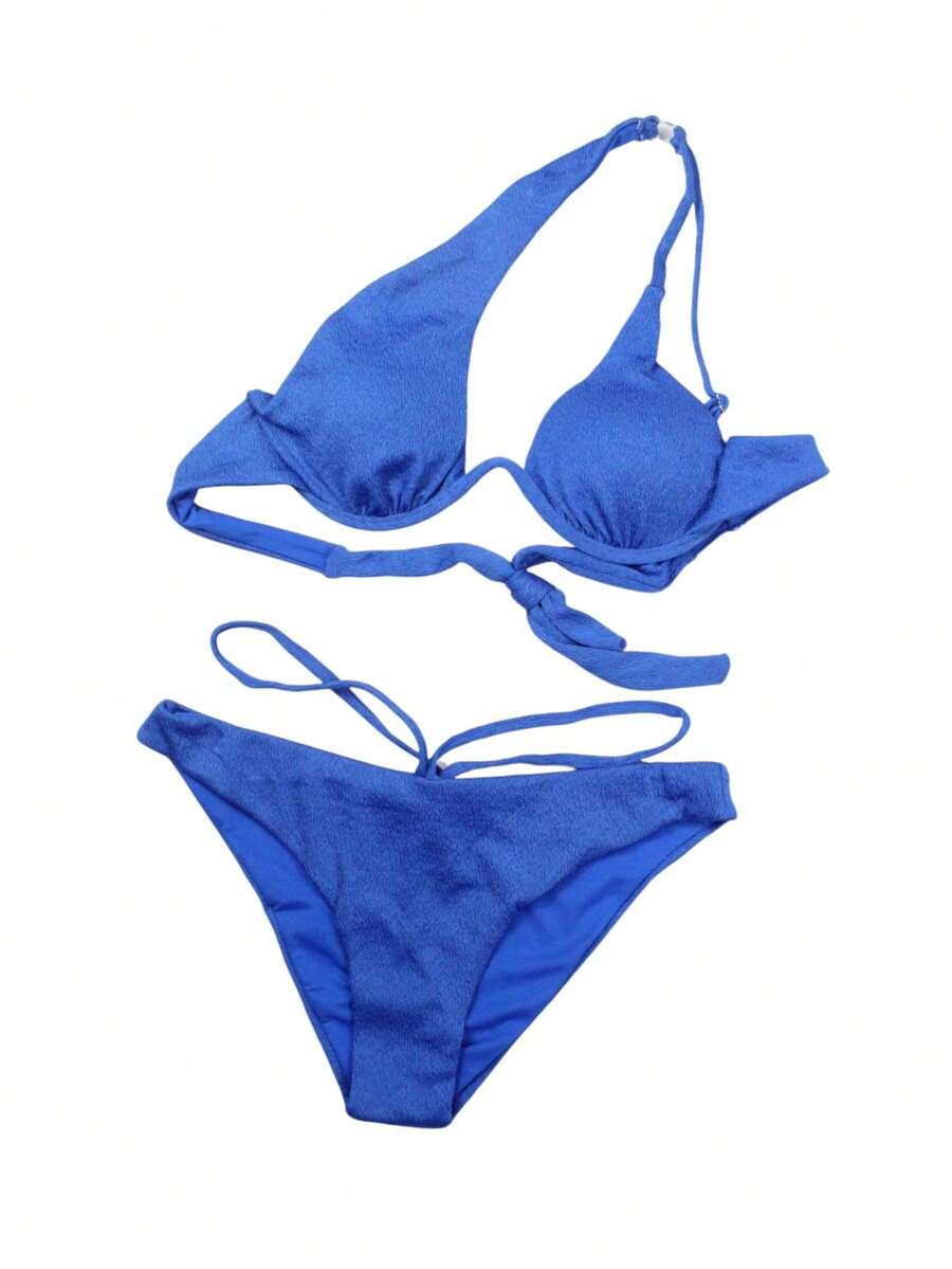 Miss Miriam, Traje de Baño de Dos Piezas,  Liso  Elegante    Cruzado  Nudo      Playa  Primavera - Verano - Azul Marino - Ver 1