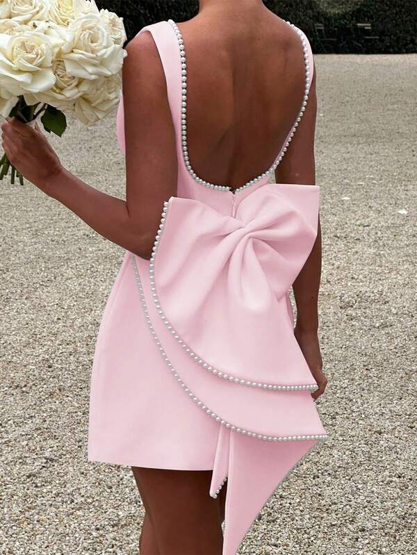 Unadoll Women's Temperament Sexy Backless Big Bow Pearl Design Sleeveless Dress, Suitable For Dating Cocktail Party Dress Graduation Season Party Dress Back To School Dresses,Christmas Attire