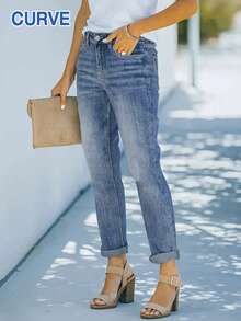 Plus Size Women Slim-Fit Versatile Straight Leg Denim Jeans, Old Money Style, Back-To-School, Teacher, Fall, Capri Pants, Office, Vintage, Mom Jeans, Summer, Bottoms, Denim, Business Casual