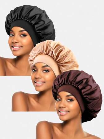 3pcs Women Multicolor Satin Wide Brim Sleep Caps, Suitable For Daily Use