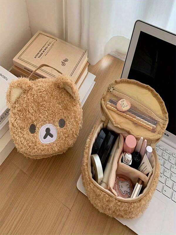1 pieza Bolsa de almacenamiento de felpa con diseño de oso de dibujos animados. Bolsa de almacenamiento portátil de viaje, linda, con bordado tridimensional para la mano
