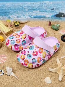 1双女童舒适、时尚、休闲、轻便、可爱甜甜圈印花一脚蹬凉鞋，防滑、耐穿、保护脚趾，沙滩鞋，春夏款 - 紫色 - 查看 3