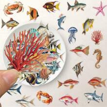 50pcs Transparent Stickers, Decorative Stickers, Ocean Animal Stickers, Fish Stickers, Waterproof Vinyl Stickers, Decorative Laptop Sticker Set, Skateboard Stickers, Water Bottle Stickers, Notebook Stickers, School Supplies, Back To School - Multicolor - View 7