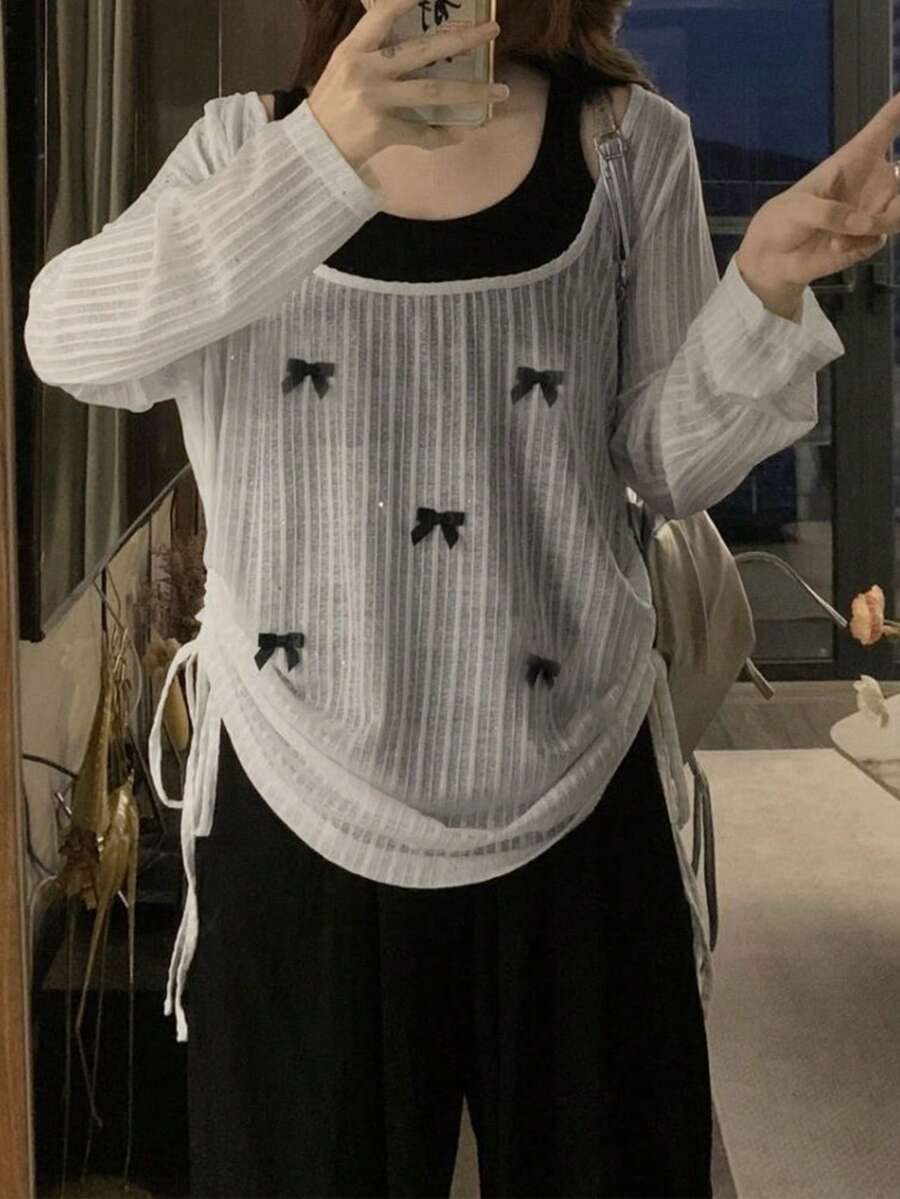 Áo thun dài tay 2 trong 1 thời trang, mỏng nhẹ, có dây rút, kiểu dáng thoải mái, thích hợp cho mùa thu. - Đen và trắng - Xem 1