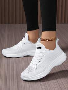 Women's Low-Top Athletic Sneakers With Striped Pattern, Breathable Mesh, Soft & Lightweight, Elastic Lace-Up, Suitable For All Seasons Walking & Sports - White - View 2