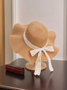 Women's Summer Boho Elegant Straw Beach Hat - Khaki & Beige Wide Brim Sun Hat With Lace Bow Detail | Retro Chic Easter Accessories For Vacation, Pool Party & Outdoor Fashion - Beige - View 2