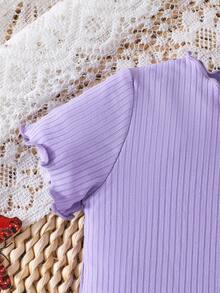 2pcs/Set Baby Girl Ribbed & Butterfly Print Solid Short Sleeve Bodysuit Outfit - Multicolor - View 5