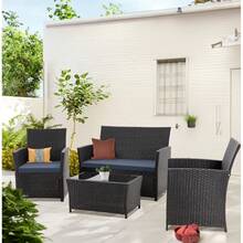 4 Piece Outdoor Patio Furniture Sets, Wicker Sectional Conversation Sofa Set, Rattan Table And Chairs And Loveseat With Cushions For Outside Balcony Porch Backyard - Màu xanh lam - Xem 2
