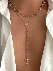 3pcs Men's Vintage Fashion Metal Cross Pendant Multi-Layer Necklace, Simple Creative Stackable Charm Jewelry Set - Yellow Gold - View 8