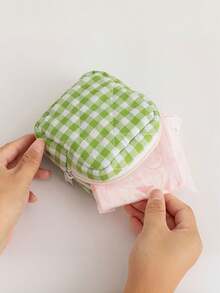 1pc Solid Color Rhombus Plaid Large Capacity Sanitary Pad Storage Bag, Cosmetic Organizer Bag, Ladies Makeup Pouch, Girls Tampon Storage Bag, Wallet-Style Portable Makeup Brush Holder Clutch