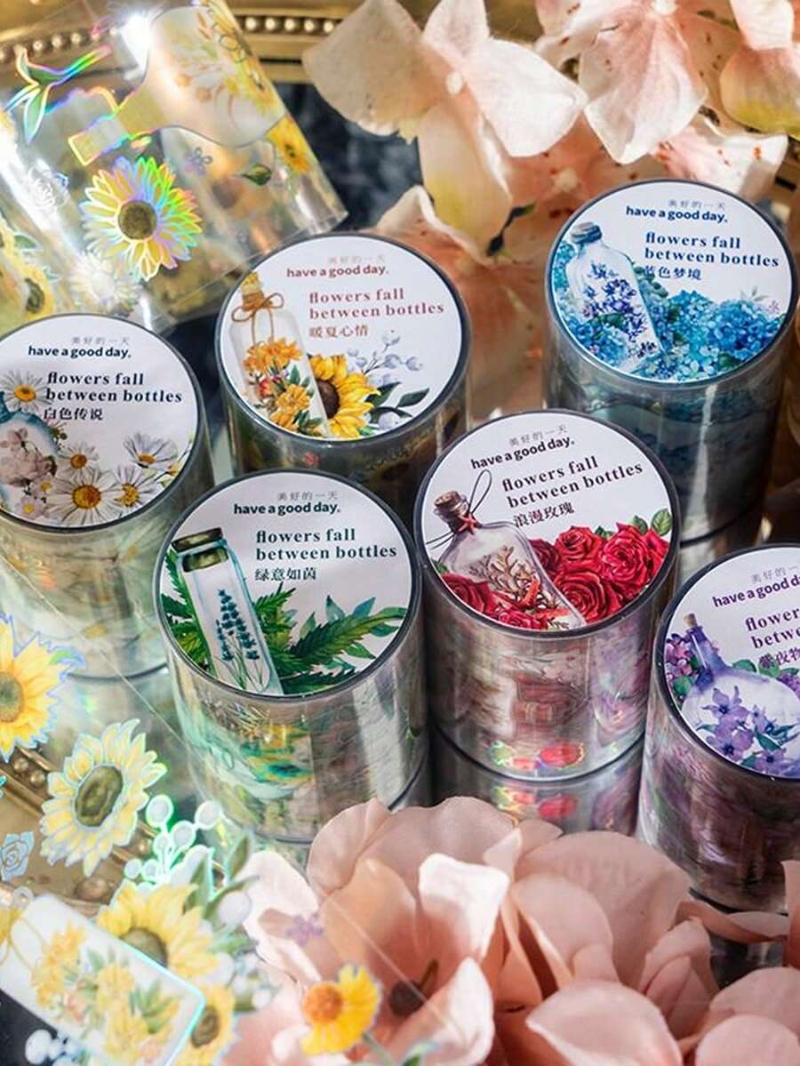 1.97 英寸 * 118.11 英寸花卉全息胶带，7 毫米 * 3 米多图案纸质胶带，礼品和装饰贴纸，图案包括雏菊、玫瑰、向日葵、绣球花返校 - 1.97in*118.11in - 查看 1