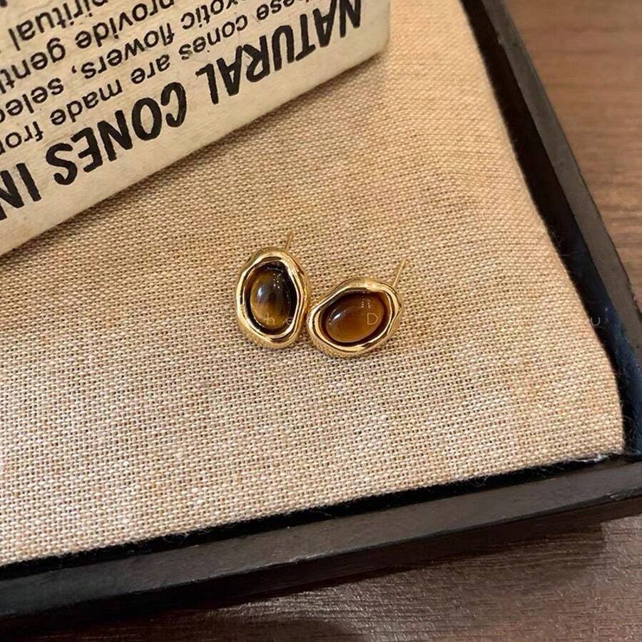 1 Pair Elegant Brown Mini Asymmetrical Geometric Faux Amber Stone Alloy Resin Stud Earrings, Suitable For Women's Daily Jewelry Accessories - Brown - View 1