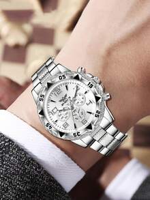 4件套银合金表带男士手表套装，商务时尚经典三眼石英表，配手链和项链，适合日常穿着或节日礼物 - 銀色 - 查看 4