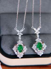 1 colar com pingente floral elegante de zircônia cúbica verde em prata esterlina S925, joia versátil para presente feminino, adequado para uso diário, festas e feriados